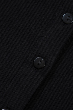 Black Solid Color Ribbed Knit Lace Trim Button Down Short Sleeve Top