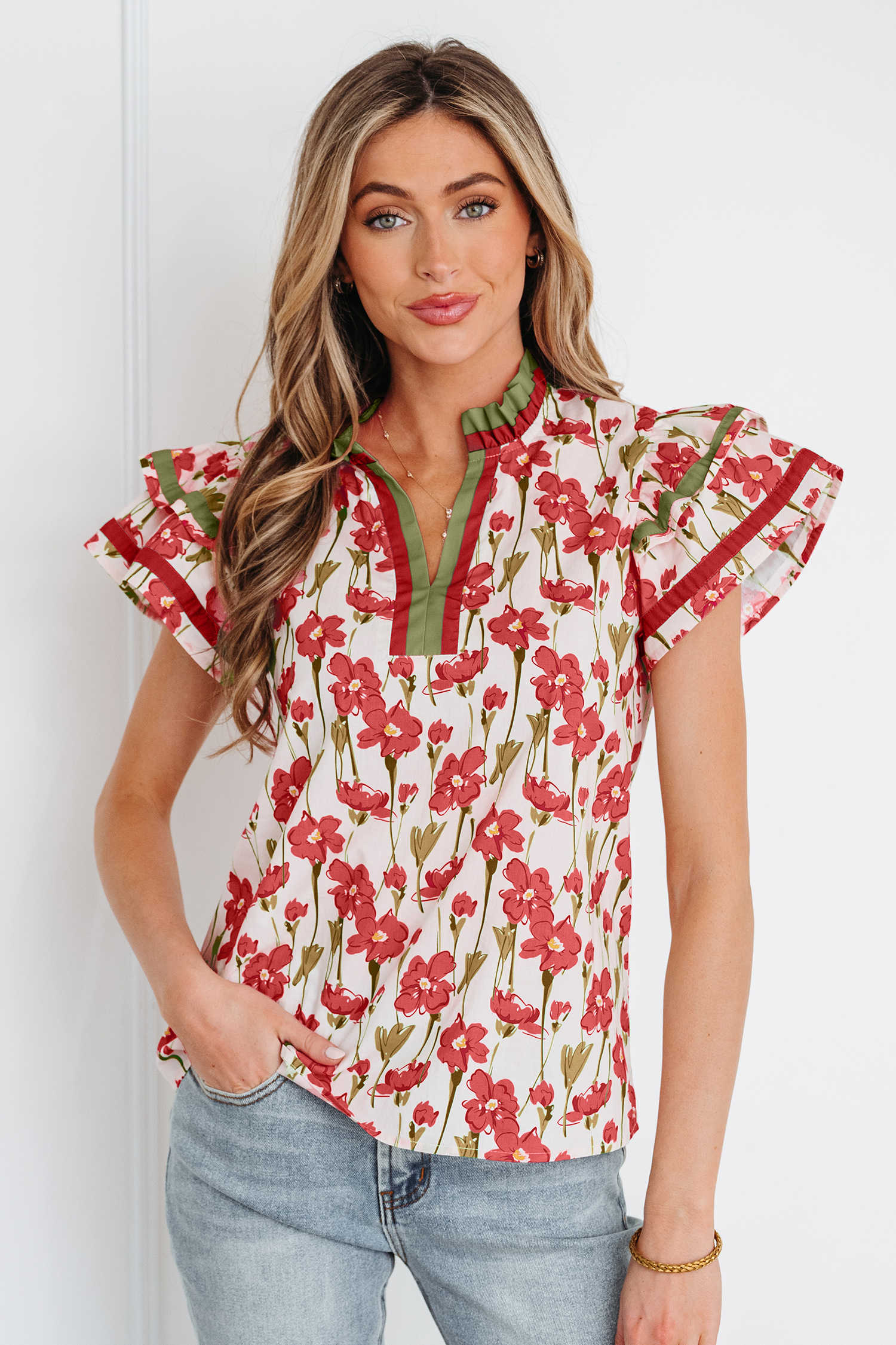 Red Floral Print Contrast Trim V Neck Double Ruffled Short Sleeve Blouse