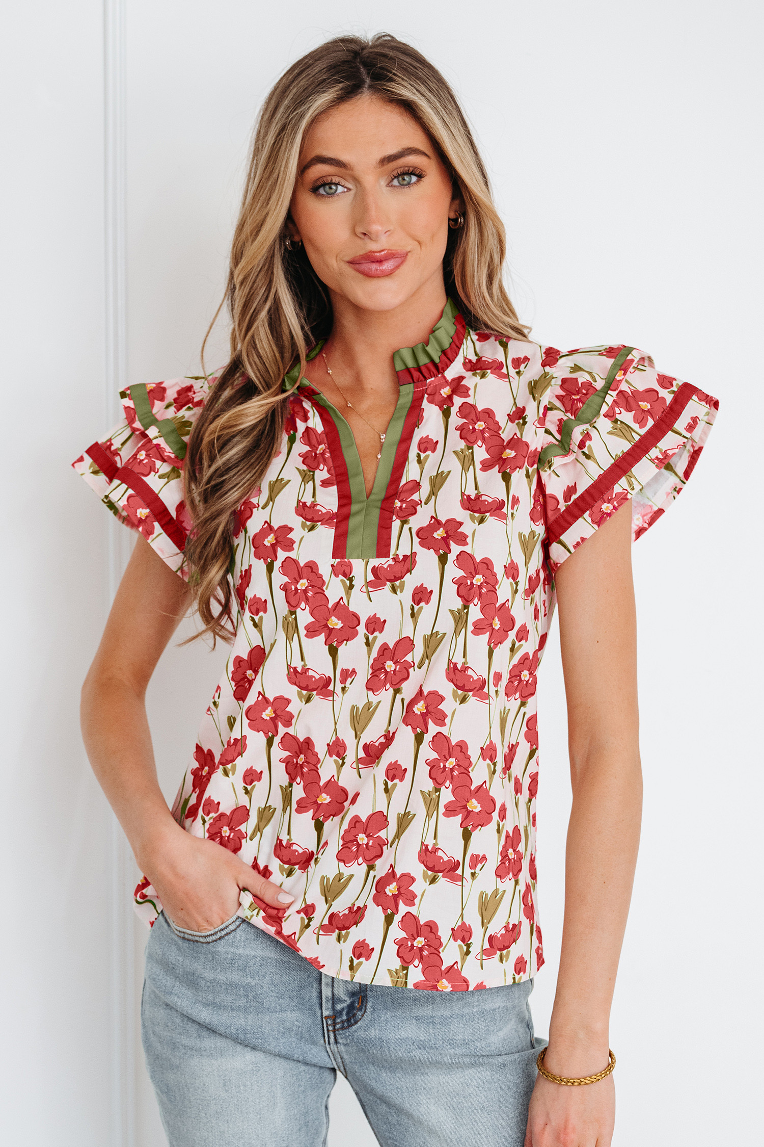 Red Floral Print Contrast Trim V Neck Double Ruffled Short Sleeve Blouse