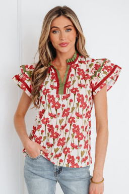 Red Floral Print Contrast Trim V Neck Double Ruffled Short Sleeve Blouse