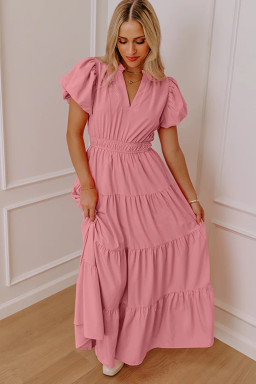 Gossamer Pink Solid Color V Neck Short Puff Sleeve High Waist Tiered Maxi Dress