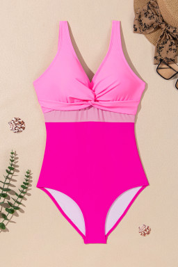 Sachet Pink V Neck Twisted Cutout Color Block One Piece Swimsuit