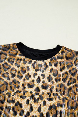 Brown Sequin Leopard Pattern Short Sleeve Top