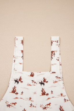 Beige Western Printed Button Adjustable Straps Loose Jumpsuit Dungarees