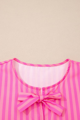 Rose Striped Print Bow Detail Short Puff Sleeve Mini Dress