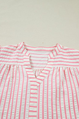 Pink Stripe Print Floral Embroidered Puff Sleeve V Neck Blouse