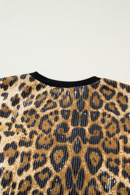 Brown Sequin Leopard Pattern Short Sleeve Top