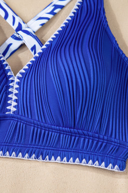 Dark Blue Shell Stitched Trim V Neck Textured Mix and Match High Waist Bikinis