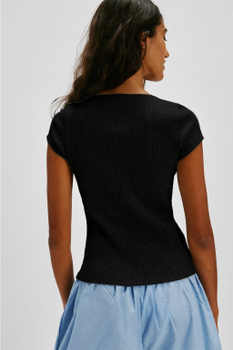 Black Solid Color Ribbed Knit Lace Trim Button Down Short Sleeve Top