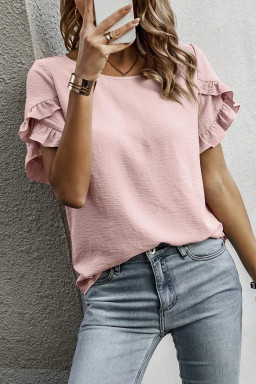 Light Pink Solid Color Ruffle Trim Short Sleeve Blouse