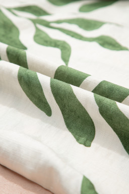 Green Leaf Print Short Balloon Sleeve Shirt