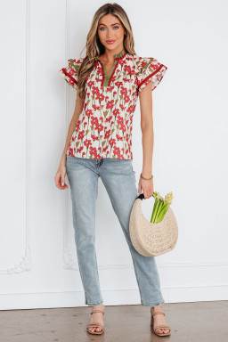 Red Floral Print Contrast Trim V Neck Double Ruffled Short Sleeve Blouse