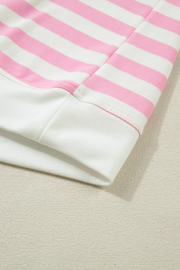 Pink Stripe Collar V Neck Ruffled Short Sleeve Blouse