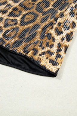 Brown Sequin Leopard Pattern Short Sleeve Top