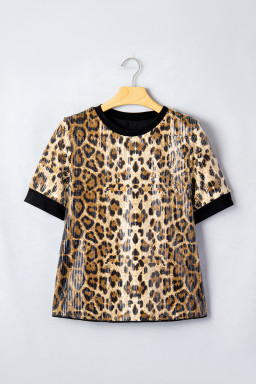 Brown Sequin Leopard Pattern Short Sleeve Top