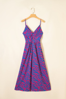 Blue Floral Print Twisted V Neck Tied Backless Maxi Dress