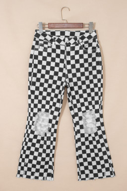 Black Checkerboard Print Distressed Holes Raw Edge Cropped Jeans