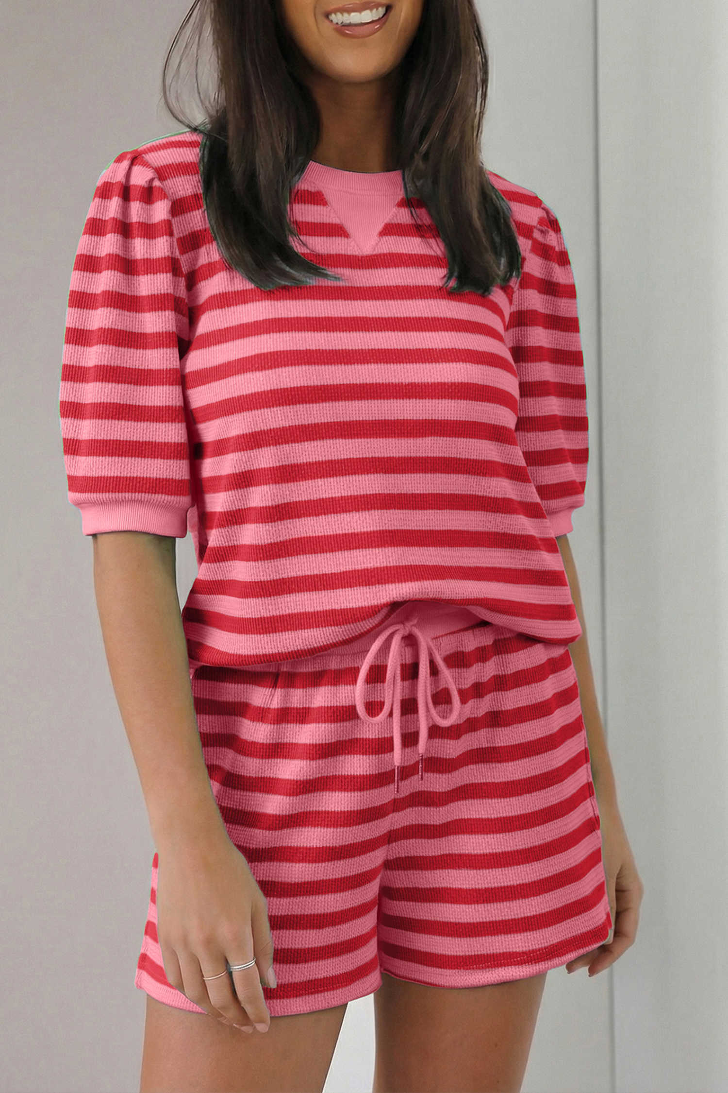 Red Stripe Puff Short Sleeve T Shirt Matching Shorts Set