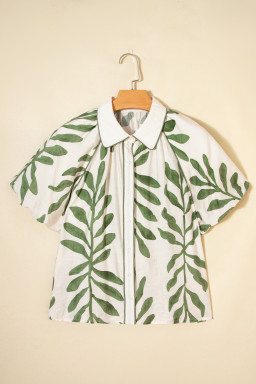 Green Leaf Print Short Balloon Sleeve Shirt