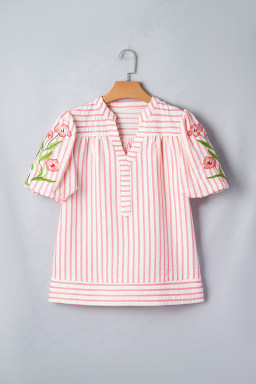 Pink Stripe Print Floral Embroidered Puff Sleeve V Neck Blouse