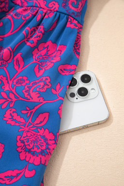 Blue Floral Print Twisted V Neck Tied Backless Maxi Dress