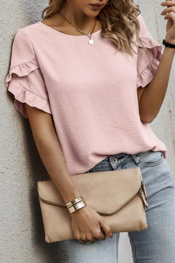 Light Pink Solid Color Ruffle Trim Short Sleeve Blouse