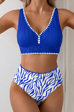 Dark Blue Shell Stitched Trim V Neck Textured Mix and Match High Waist Bikinis