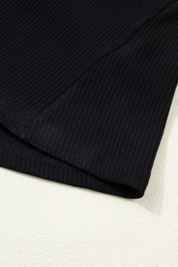 Black Solid Color Ribbed Knit Lace Trim Button Down Short Sleeve Top