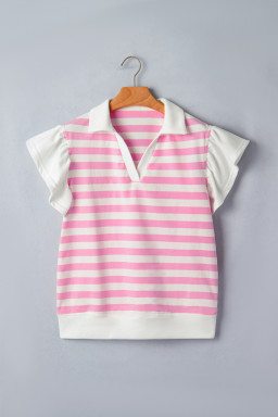 Pink Stripe Collar V Neck Ruffled Short Sleeve Blouse