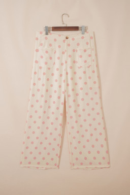 White Polka Dot Print Patched Pocket Mid-rise Straight Leg Pants