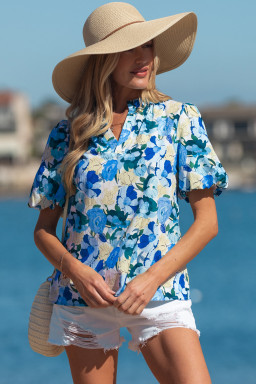 Sky Blue Floral Print Short Puff Sleeve V Neck Blouse