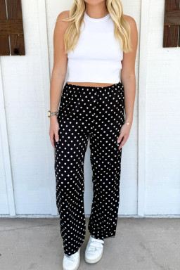 Black Polka Dot Print Elastic Waist Lace Hem Loose Pants