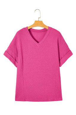 Strawberry Pink Waffle V Neck Short Sleeve Knit Top