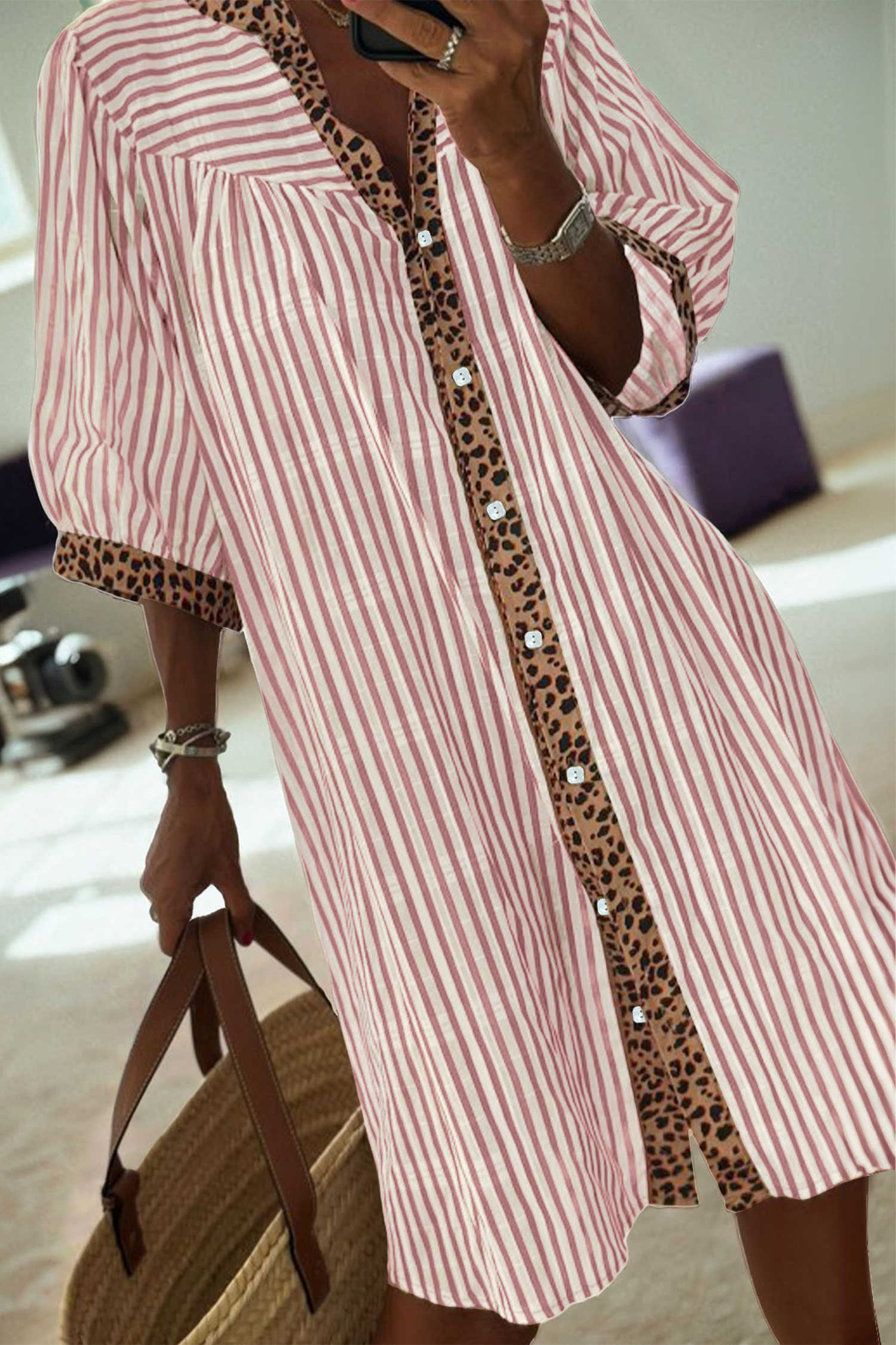 Pink Stripe Square Button Leopard Trim Loose Bracelet Sleeve Shirt Dress