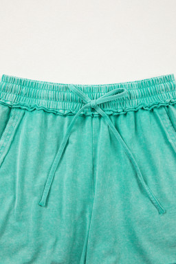 Sea Green Mineral Washed Drawstring Elastic Waist Raw Cut Shorts