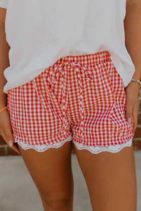 Red Gingham Plaid Tie Elastic Waist Lace Patchwork Hem Casual Shorts