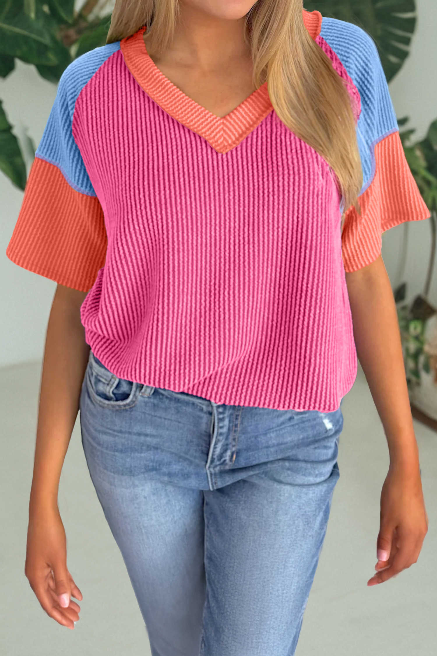 Rose Red Color Block Ribbed Tee