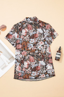 Brown Floral Print High Neck Short Sleeve Mesh Top