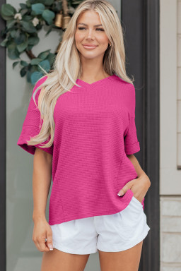 Strawberry Pink Waffle V Neck Short Sleeve Knit Top
