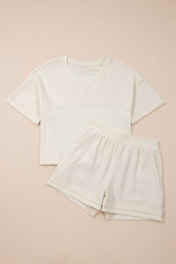 Jet Stream Solid Color Contrast Textured Patchwork Raw Edge 2pcs Short Set