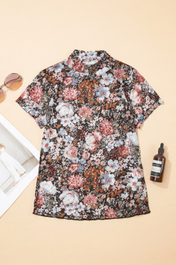 Brown Floral Print High Neck Short Sleeve Mesh Top