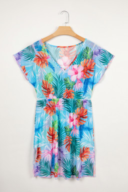 Sky Blue Tropical Print V Neck Semi Sheer Beach Cover Up Dress