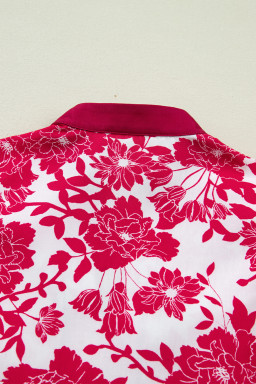 Red Floral Print Color Block Trim Lace Detail V Neck Flutter Sleeve Blouse