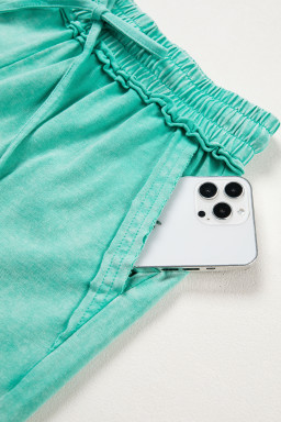 Sea Green Mineral Washed Drawstring Elastic Waist Raw Cut Shorts