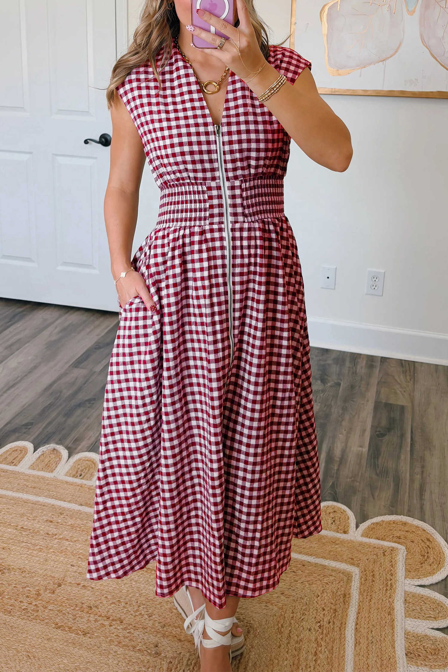 Red Plaid Print Full Zipper Cinched Waist Fit Flare Sleeveless Maxi Dress