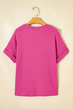 Strawberry Pink Waffle V Neck Short Sleeve Knit Top