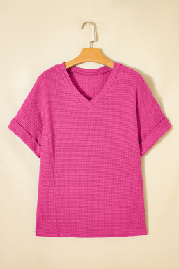 Strawberry Pink Waffle V Neck Short Sleeve Knit Top