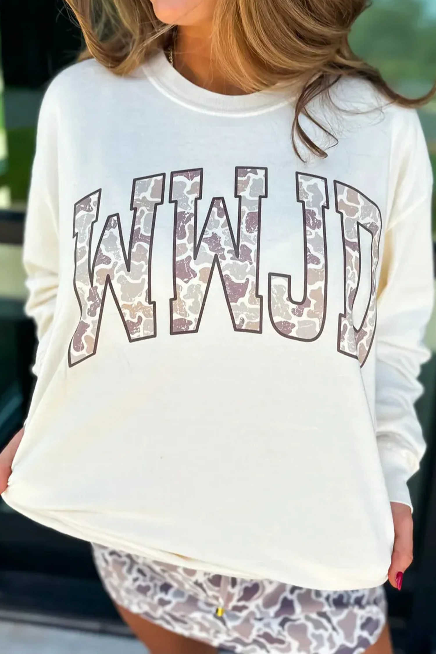 White WWJD Camo Letter Printed Long Sleeve Top