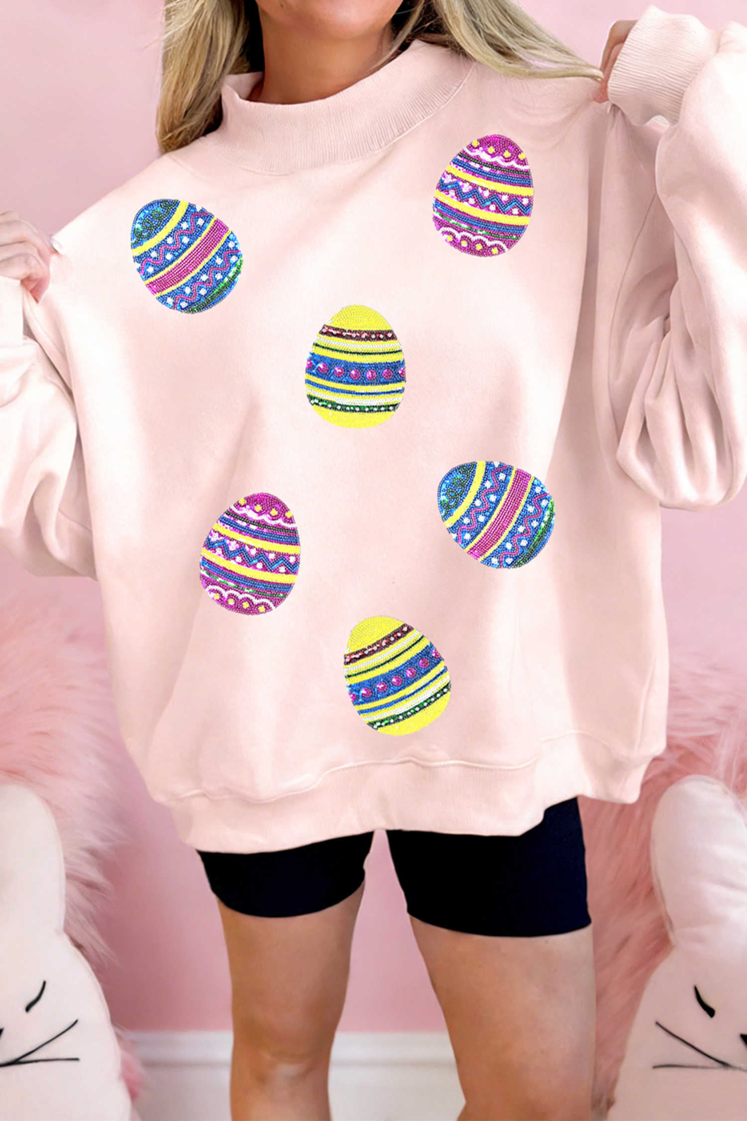 Apricot Pink Vibrant Easter Egg Sequin Mock Neck Sweatshirt