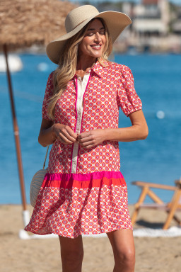 Orange Geometric Floral Print Color Block Trim Button Front Ruffle Hem Dress